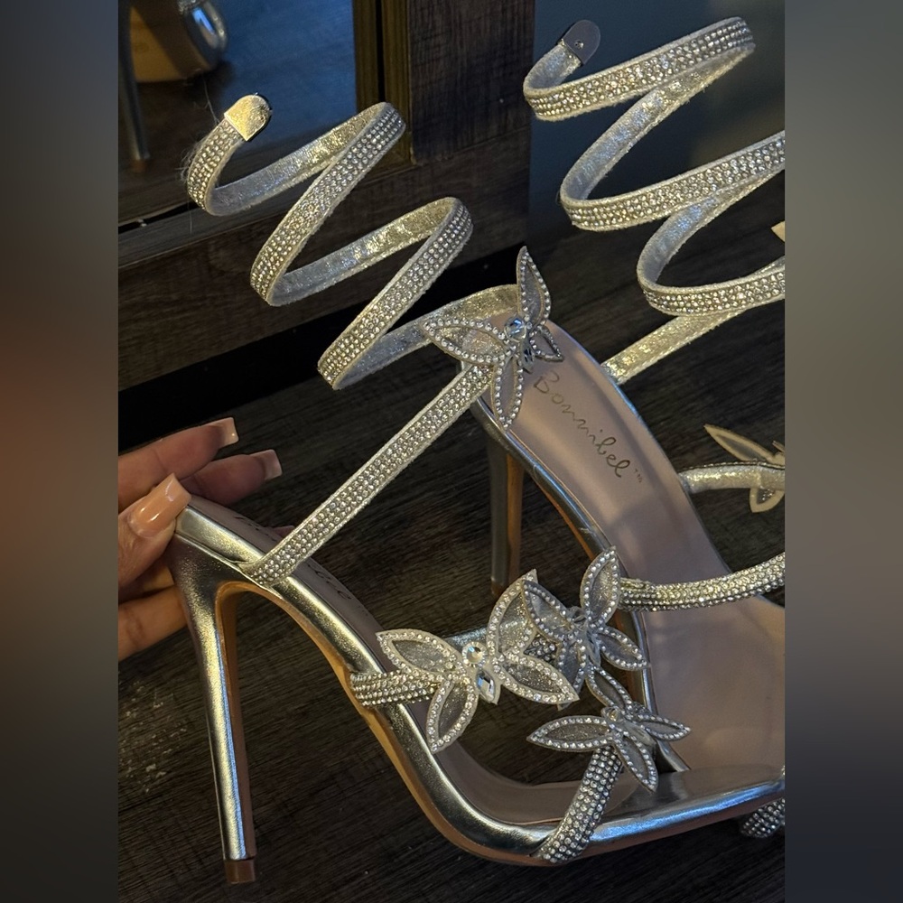 Bebe Silver Rhinestone Butterfly Heels - Picture 3 of 5